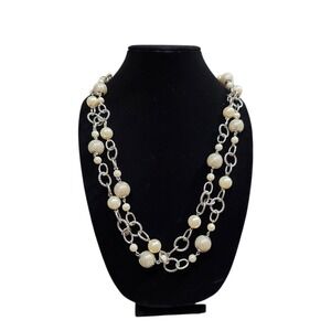 Faux Pearl Necklace‎ Silver Chain Two Strand Statement Party Jewelry